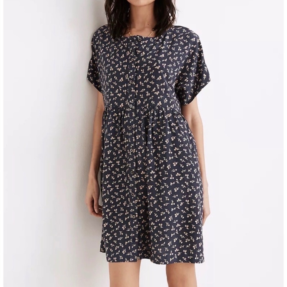 Madewell Button Front Mini Dress Womens XS Navy Blue‎ Floral MC951 Cottagecore
